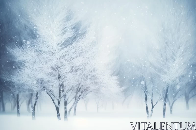 Winter Forest Scene with Snow-Covered Trees and Whimsical Elements AI Image