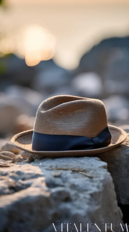 Brown Straw Hat on Rocks AI Image