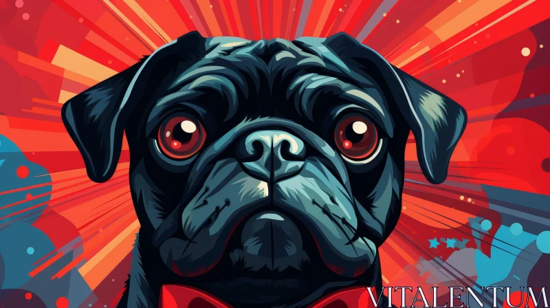 AI ART Curious Black Pug Cartoon Illustration with Red Bow Tie