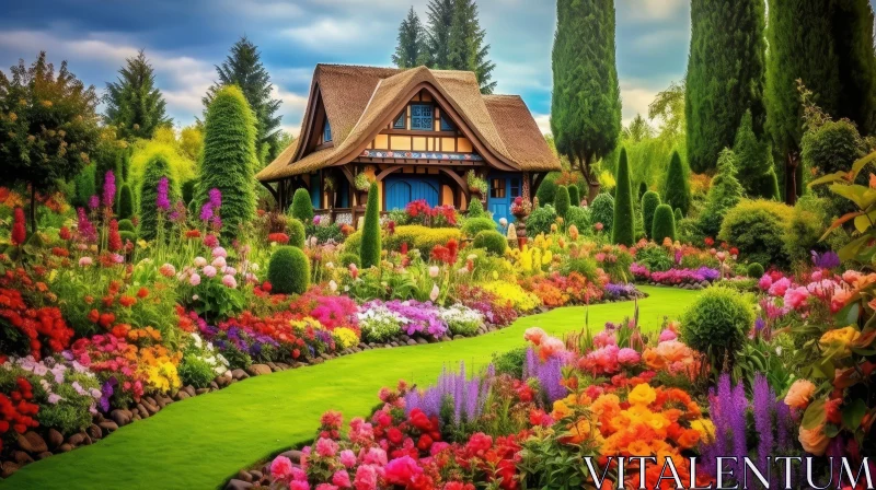 Enchanting Garden Cottage with Colorful Flowers AI Image