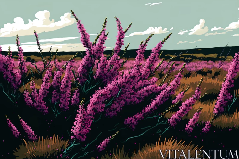 Purple High Moor Flowers in an Open Field - Vibrant Illustrations AI Image