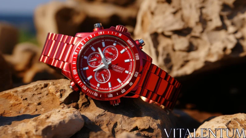 Red Metal Watch Close-up on Rocks AI Image