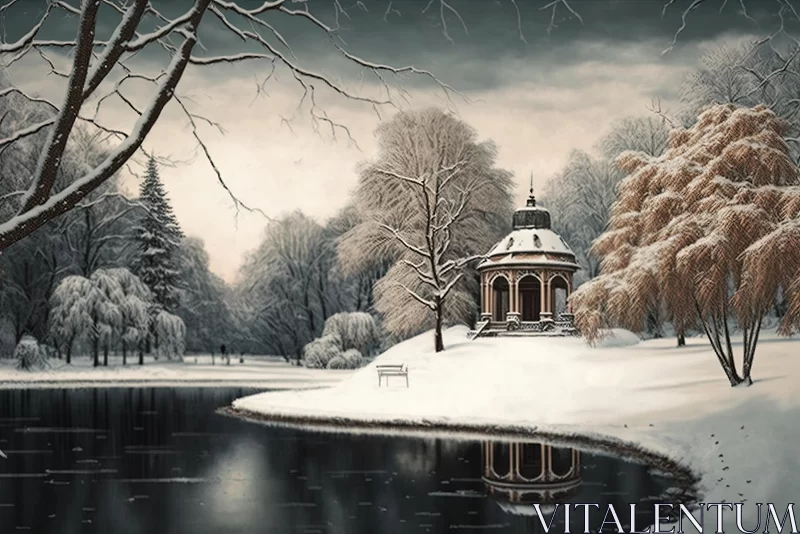 Snow-Covered Pond and Gazebo: A Hyper-Detailed Winter Painting AI Image