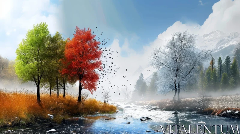 Tranquil River Landscape with Trees and Birds AI Image