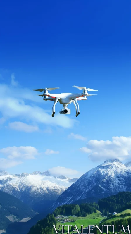 White Drone Flying Over Snow-Covered Mountains AI Image