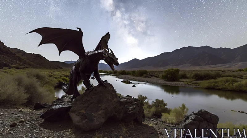 Black Dragon Digital Painting in Night Sky AI Image