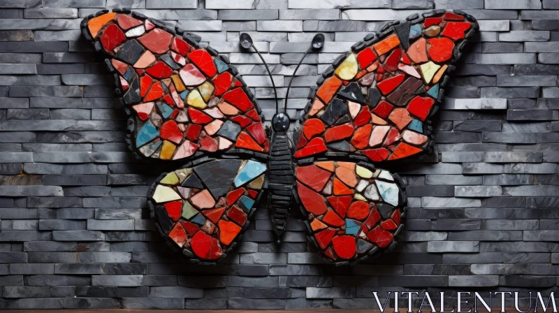 Colorful Mosaic Butterfly Art on Stone Wall AI Image