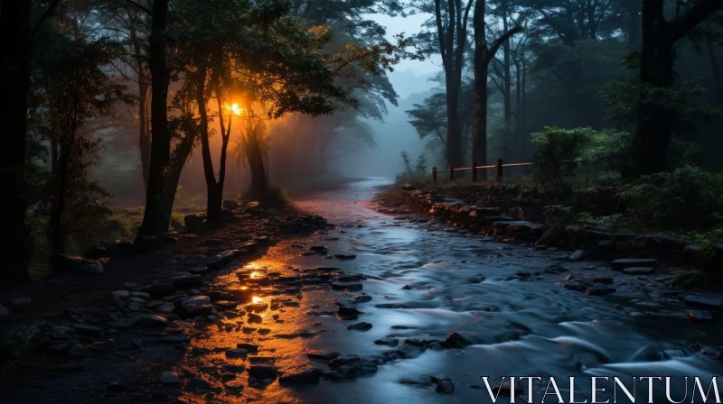 Enchanting Forest River Night Scene Under Moonlight AI Image