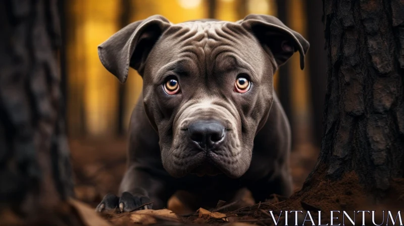 AI ART Gray Pit Bull Terrier Dog in Forest - Nature Scene