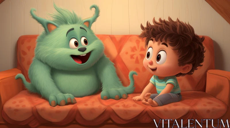 Green Furry Monster and Human Boy on Couch AI Image