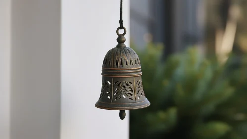 Intricate Copper Bell Hanging Against Green Foliage