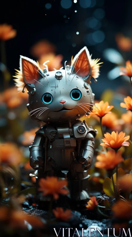 Metal Cat Robot in Orange Flower Field AI Image