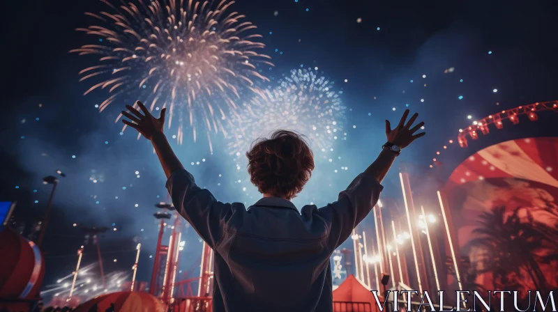 Night Sky Fireworks Display with Person Watching AI Image