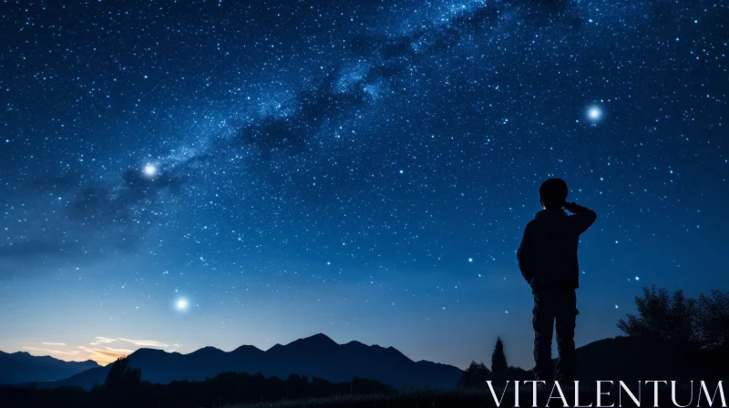 Starry Night Sky Landscape with Mountain Range and Young Boy AI Image