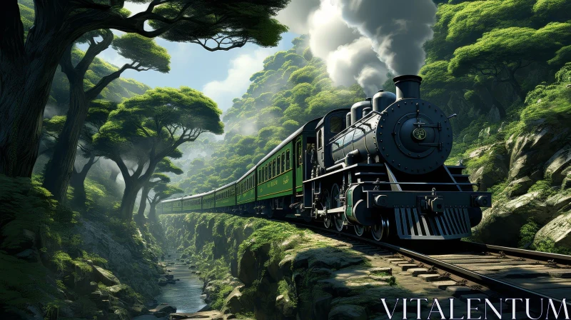 Train in Green Forest Painting AI Image