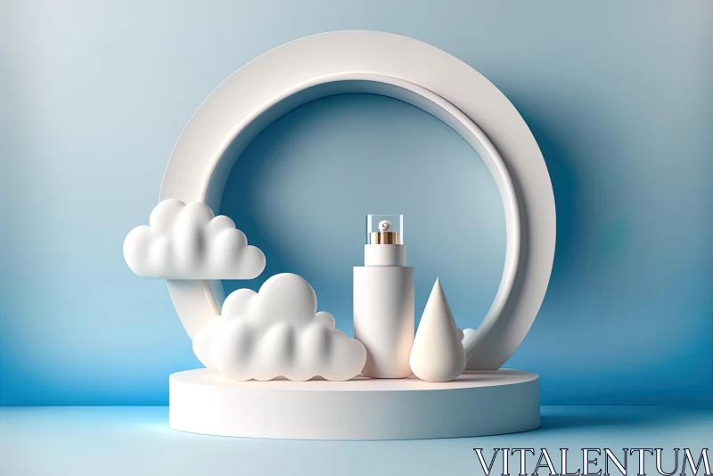 AI ART 3D Cloud with Perfume Bottle on Blue Background | Sculptural Forms | Technological Design