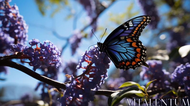 AI ART Blue and Orange Butterfly on Purple Flowers Branch