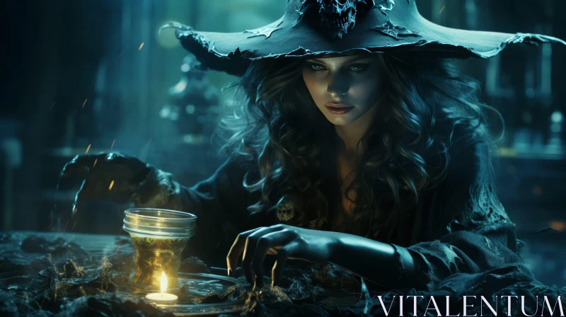 AI ART Enchanting Witch at Table - Dark Fantasy Scene