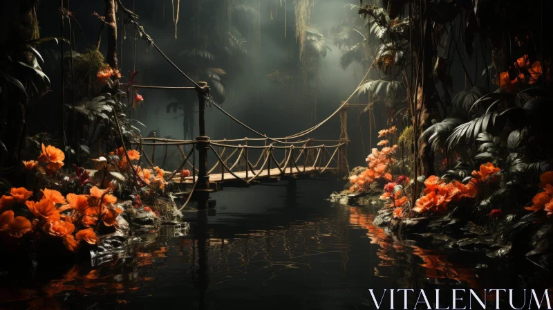 Enigmatic Jungle Scene with Wooden Bridge and Misty Trees AI Image