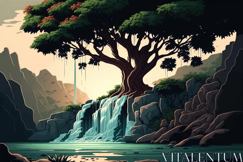 Intricate Tree and Waterfall Illustration | Detailed Environments AI Image