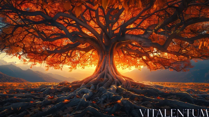 Majestic Tree at Sunset in Field with Mountains AI Image