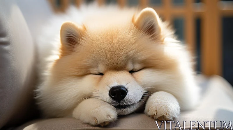 Peaceful Pomeranian Puppy Sleeping on Couch AI Image