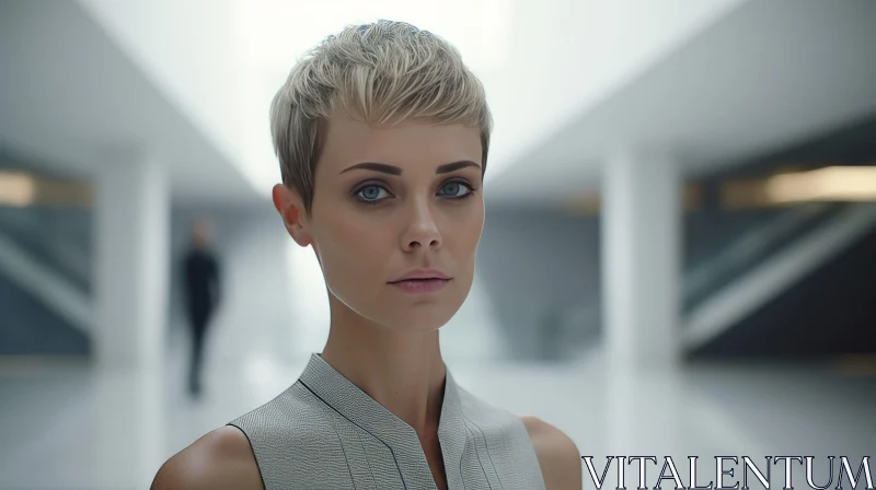 Serious Young Woman in Futuristic Setting AI Image