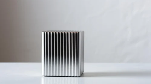 Silver Metal Cube with Ribbed Surface on White Table