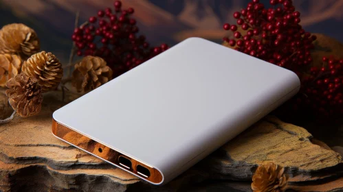 White and Gold Power Bank on Rock Surface with Natural Background