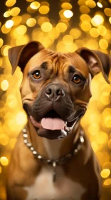 Brown Pit Bull Terrier Dog with Tongue Out on Gold Background
