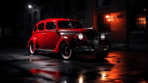 Captivating Red Car Parked on Wet Street | Photorealistic Portraits