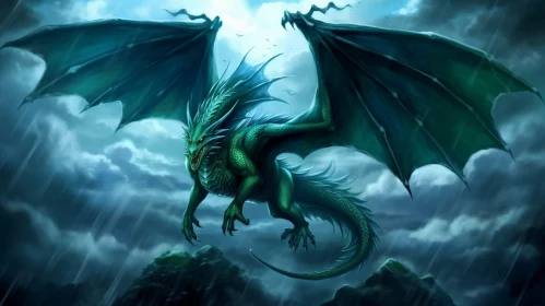 Green Dragon in Stormy Sky - Fantasy Digital Art