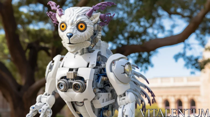 Metallic Robotic Owl in Green Field AI Image