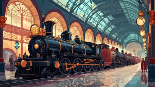 Vintage Train Station with Steam Locomotives and Glass Roof