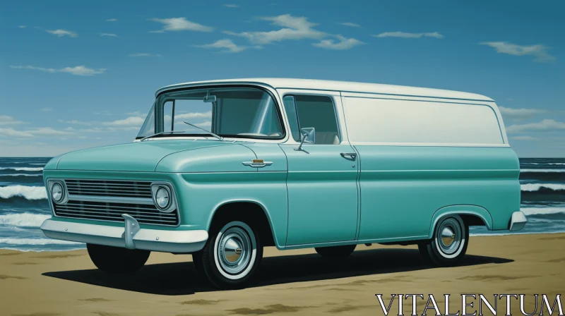 Vintage Van on Beach: Hyperrealistic Illustration in Dark Emerald and Light Azure AI Image