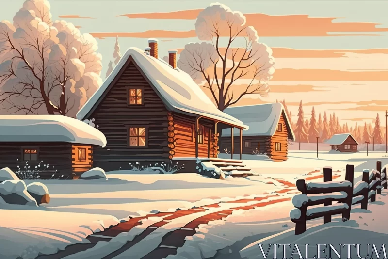 Winter Cabin Painting: Romanticized Country Life in a Snowy Forest AI Image
