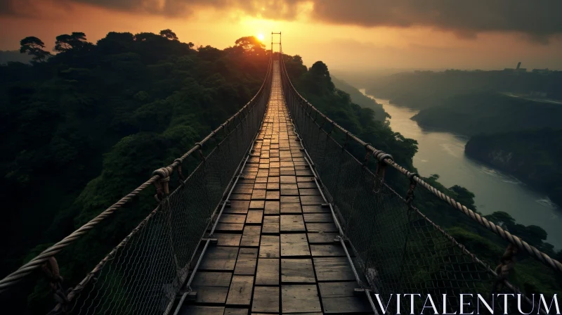Wooden Suspension Bridge in Serene River Valley at Sunset AI Image