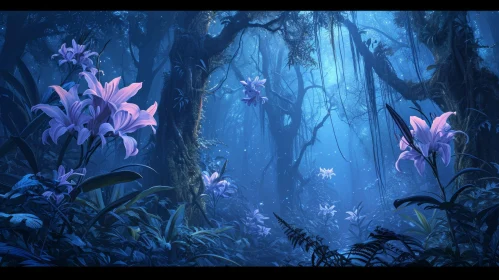 Enchanted Forest Night Scene with Glowing Flowers