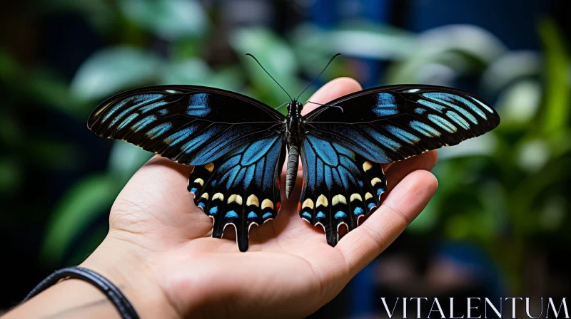 Enchanting Encounter: Person with Blue Morpho Butterfly AI Image