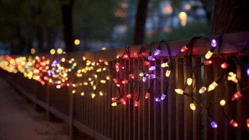 Ethereal Long Exposure Image of Colorful String Lights on Fence