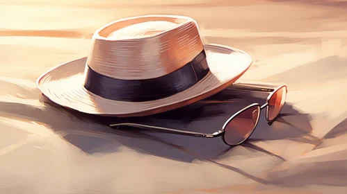 Fashionable Straw Hat and Sunglasses on Beach