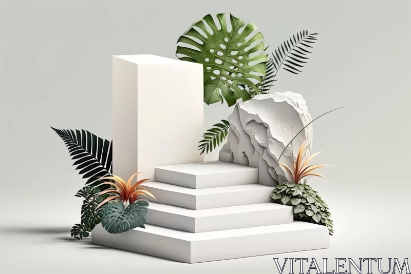Sculptural and Bold 3D Background with Steps and Plants AI Image