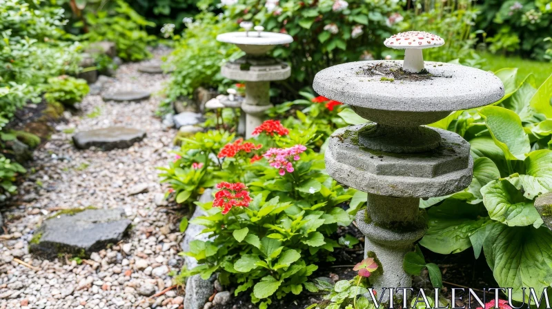 Stone Lantern in Garden with Flowers AI Image