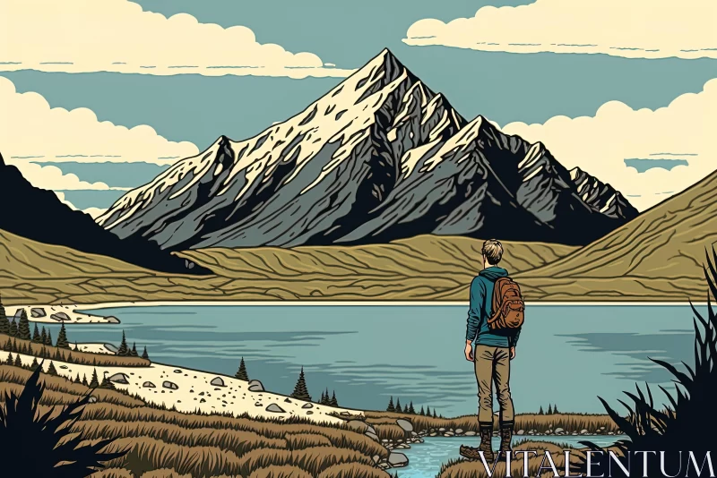 Tranquil Landscape Art: Man with Backpack Overlooking Lake and Mountains AI Image