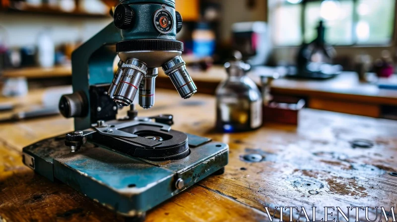 Vintage Microscope on Wooden Table AI Image
