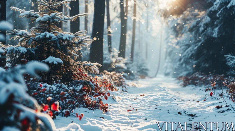 AI ART Winter Forest Scene: Serene Beauty of Snow-Covered Trees