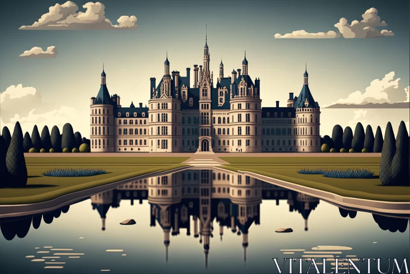 Captivating Castle Reflection in Pond: Hyper-Detailed Neoclassical Symmetry AI Image