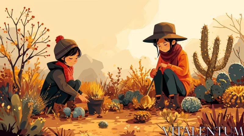 Desert Planting: Two Girls with Cactus AI Image