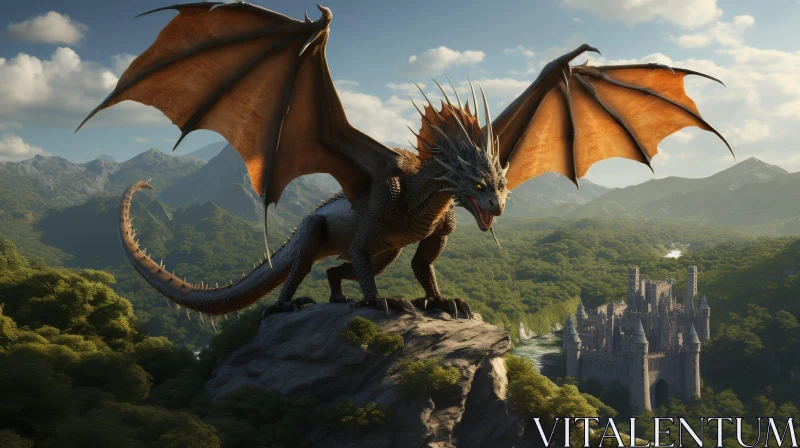 Dragon and Castle Fantasy Digital Art AI Image