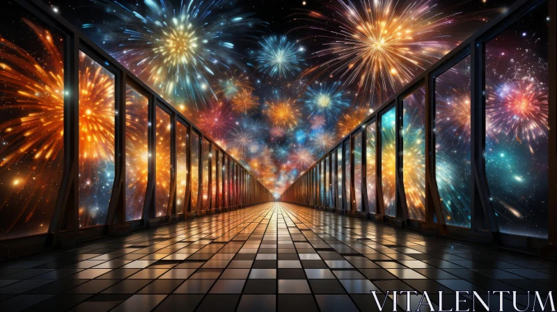Festive Corridor Illuminated by Bright Fireworks AI Image